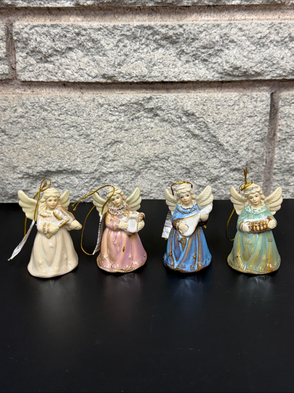 set of four ceramic/porcelain angel Christmas bell ornaments 3” Tall